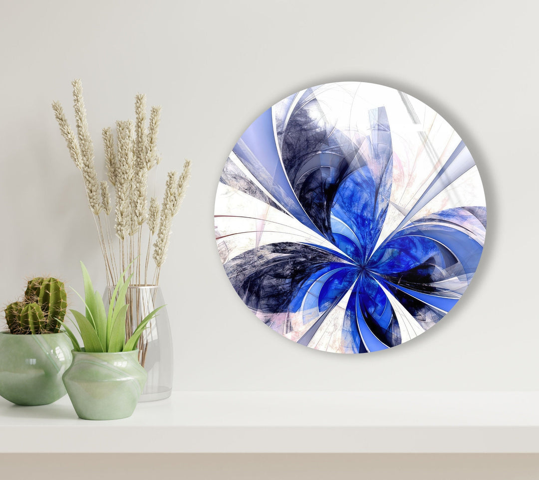 Blue Fractal Flower Round Glass Wall Art glass art painting, glass art for the Wall
