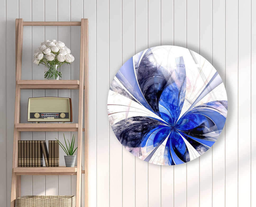 Blue Fractal Flower Round Glass Wall Art Glass Printing Wall Art, Print photos on glass
