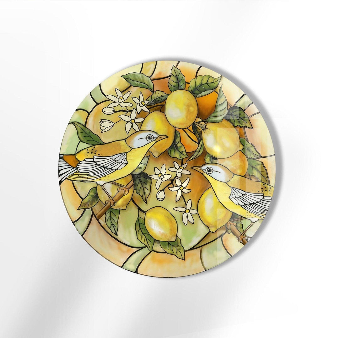 Lemon Tree & Birds Stained Round Glass Wall Art glass art painting, glass art for the Wall
