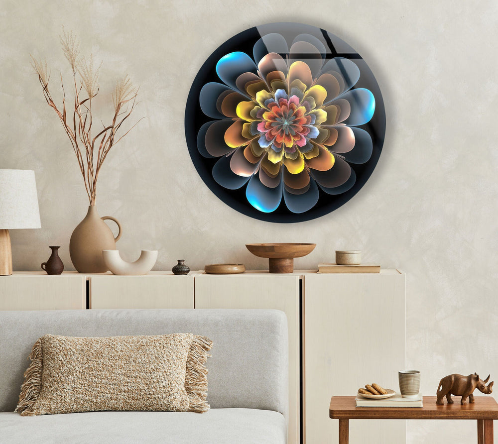 Abstract Round Yellow & Blue Glass Wall Art Glass Printing Wall Art, Print photos on glass
