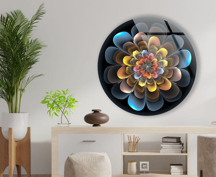 Abstract Round Yellow & Blue Glass Wall Art custom glass photo prints, large glass prints
