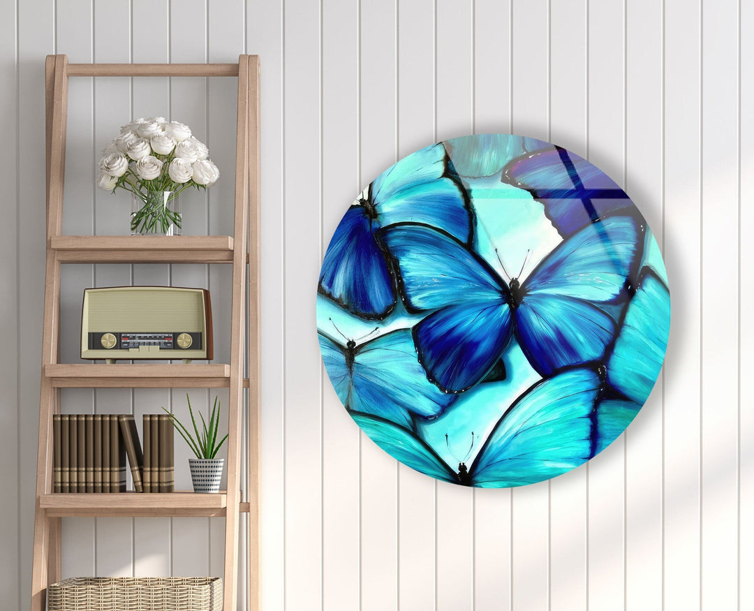 Blue Butterfly Round Glass Wall Art Glass Printing Wall Art, Print photos on glass
