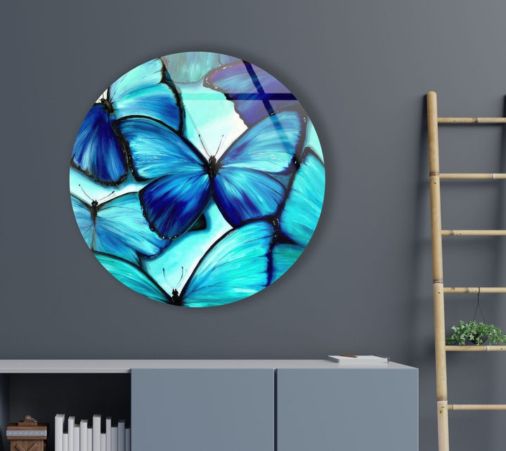 Blue Butterfly Round Glass Wall Art glass pictures for Wall, glass prints wall art
