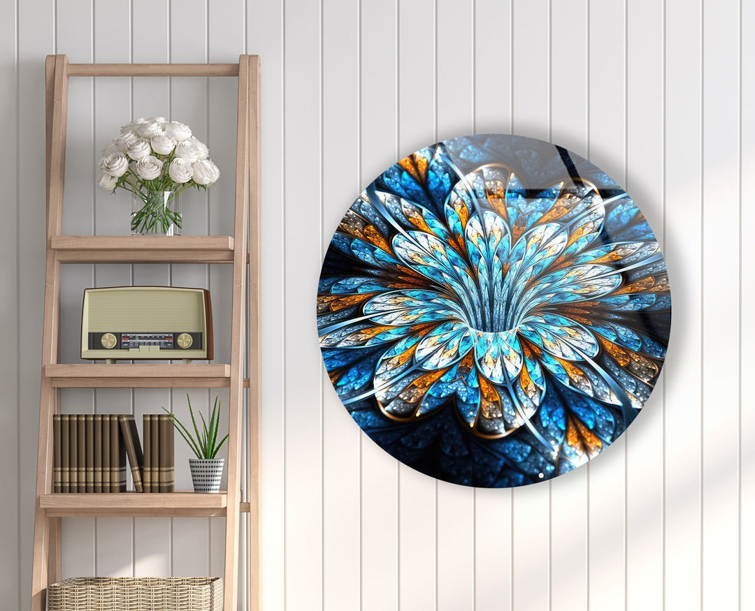 Fractal Blue Flower Round Glass Wall Art photo print on glass, prints on glass wall art
