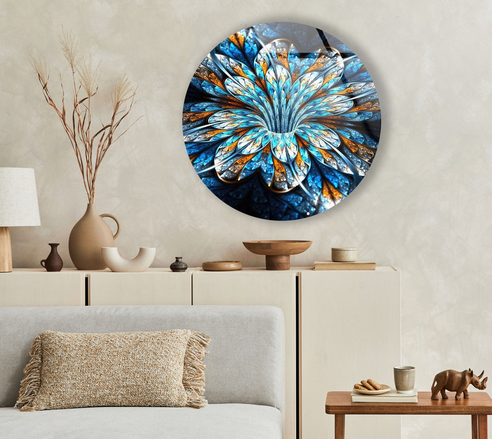 Fractal Blue Flower Round Glass Wall Art picture on glass wall art, photos printed on glass
