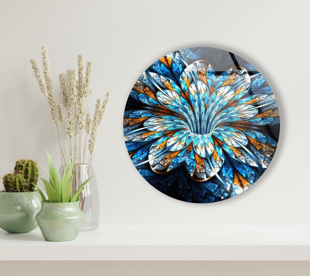 Fractal Blue Flower Round Glass Wall Art glass image printing, glass prints from photos
