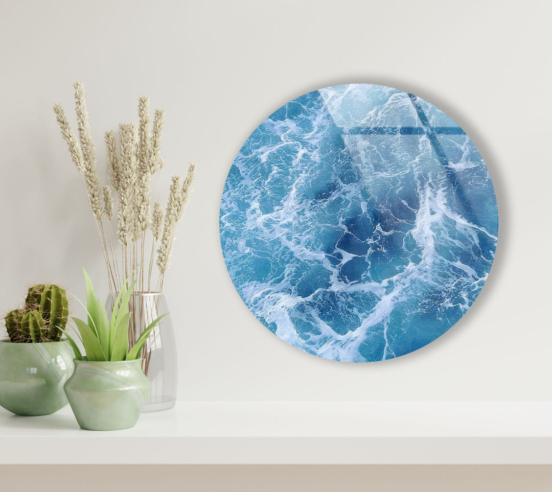 Blue Ocean Waves Round Glass Wall Art glass wall decor, glass wall art decor