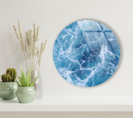 Blue Ocean Waves Round Glass Wall Art