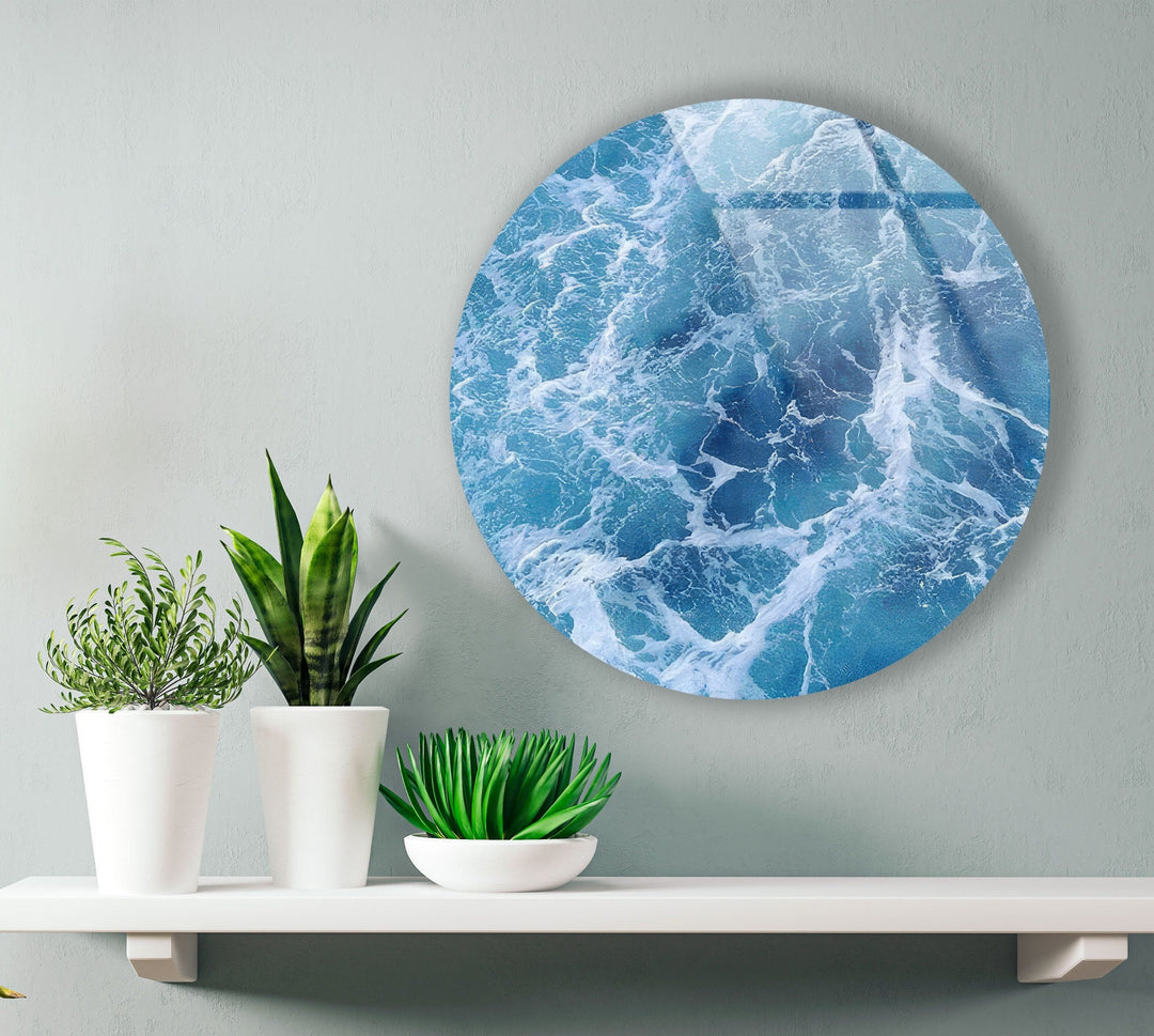 Blue Ocean Waves Round Glass Wall Art art glass wall art, glass wall art pictures