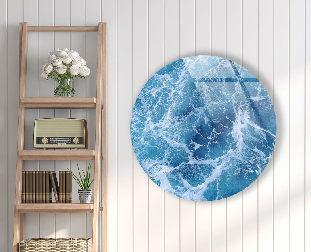 Blue Ocean Waves Round Glass Wall Art Glass Printing Wall Art, Print photos on glass