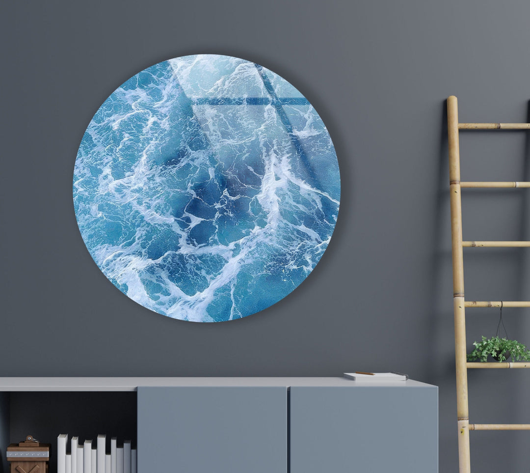 Blue Ocean Waves Round Glass Wall Art glass pictures for Wall, glass prints wall art