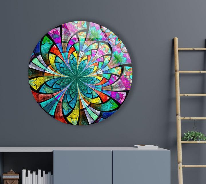 Stained Colored Flower Round Glass Wall Art photo print on glass, prints on glass wall art
