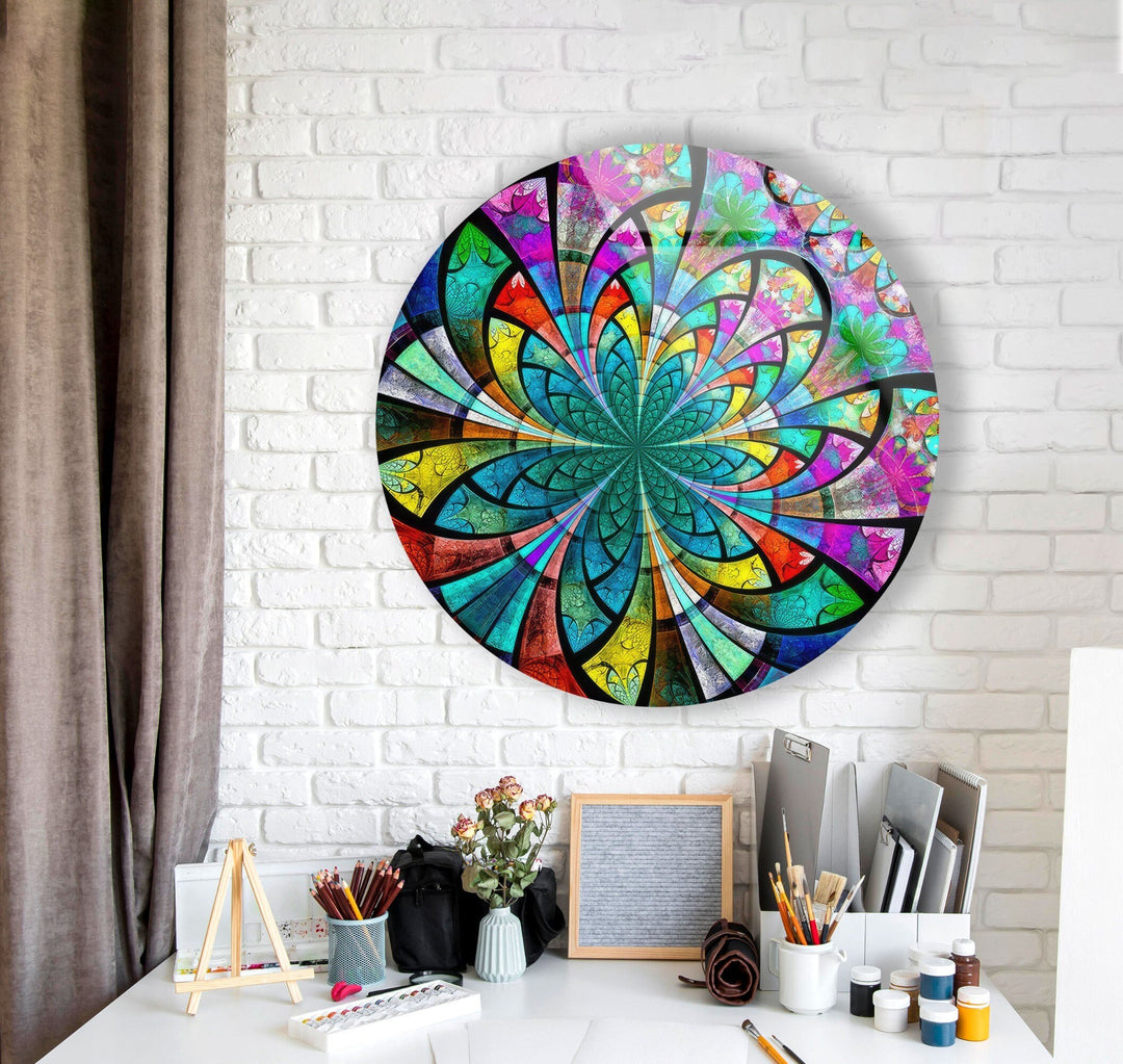 Stained Colored Flower Round Glass Wall Art custom glass pictures, glass art prints
