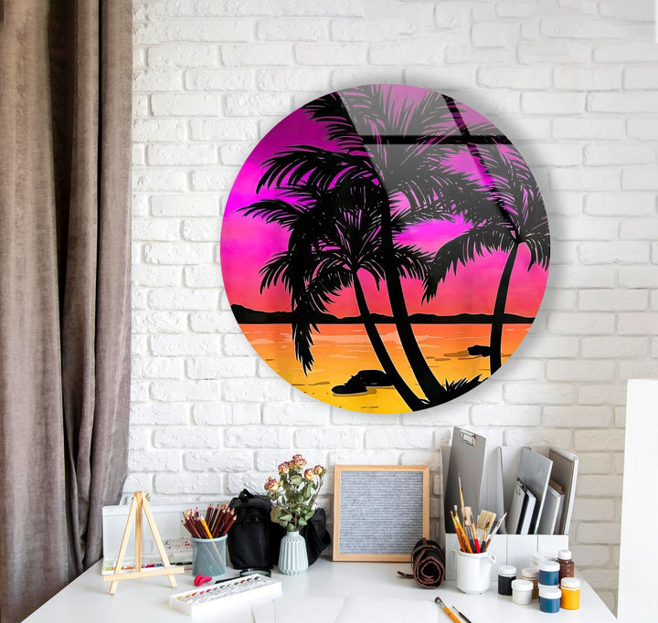 Tropical with Sunset View Round Glass Wall Art glass image printing, glass prints from photos
