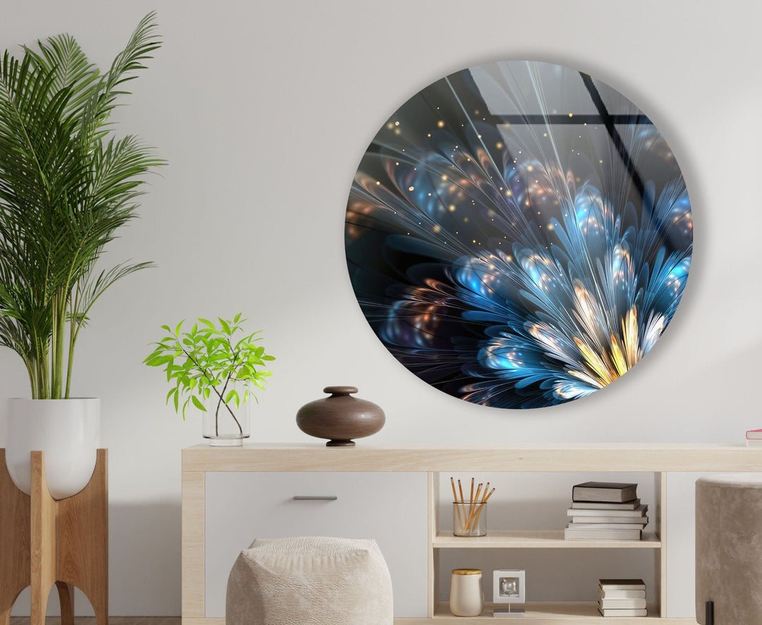 Bright Blue Flower Round Glass Wall Art stained glass wall art, stained glass wall decor
