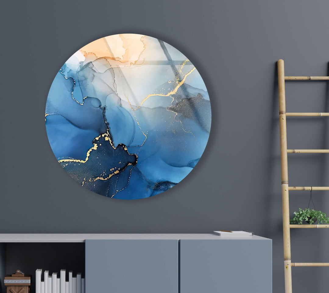 Abstract Round Blue Alcohol Ink Glass Wall Art glass pictures for Wall, glass prints wall art
