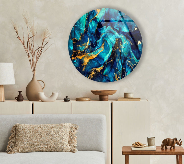 Abstract Round Dark Blue & Gold Glass Wall Art glass photo prints, glass picture prints
