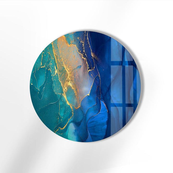 Modern Blue Marble Abstract Round Glass Wall Art glass pictures for Wall, glass prints wall art