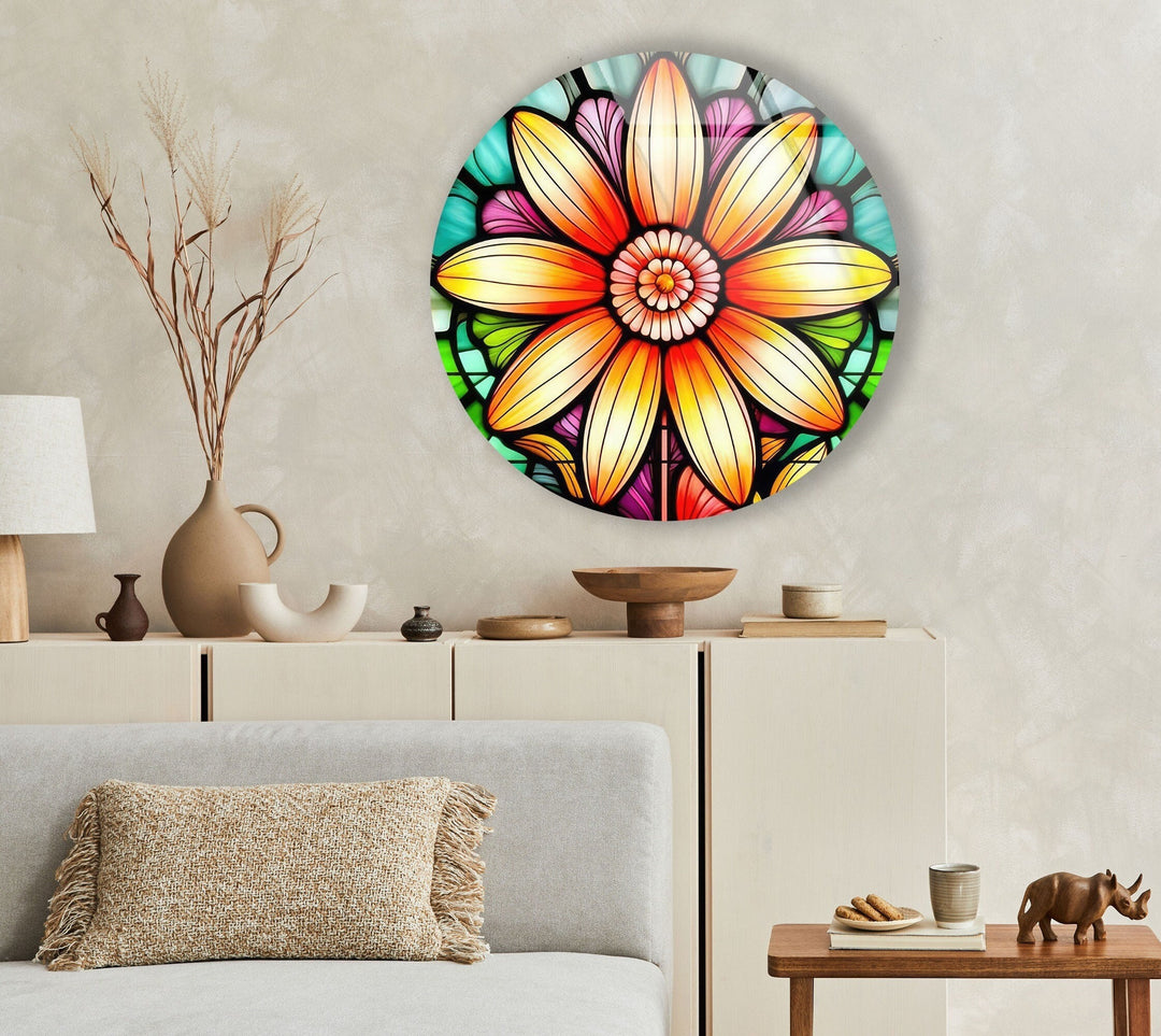 Orange Stained Flower Round Glass Wall Art glass wall decor, glass wall art decor
