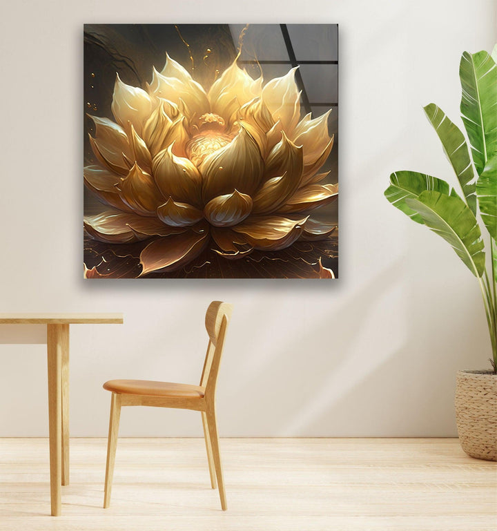 Golden Flower Black Background Glass Wall Art, large glass photo prints, glass wall photos