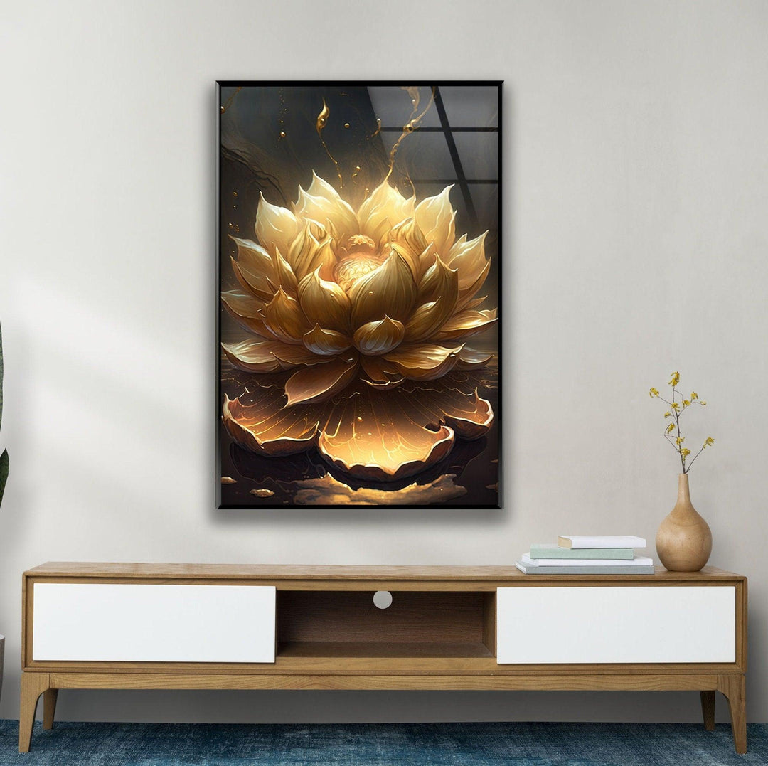 Golden Flower Black Background Glass Wall Art, custom glass pictures, glass art prints