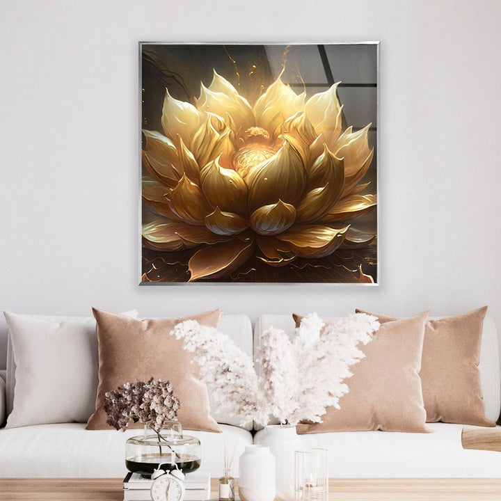 Golden Flower Black Background Glass Wall Art, glass pictures for Wall, glass prints wall art