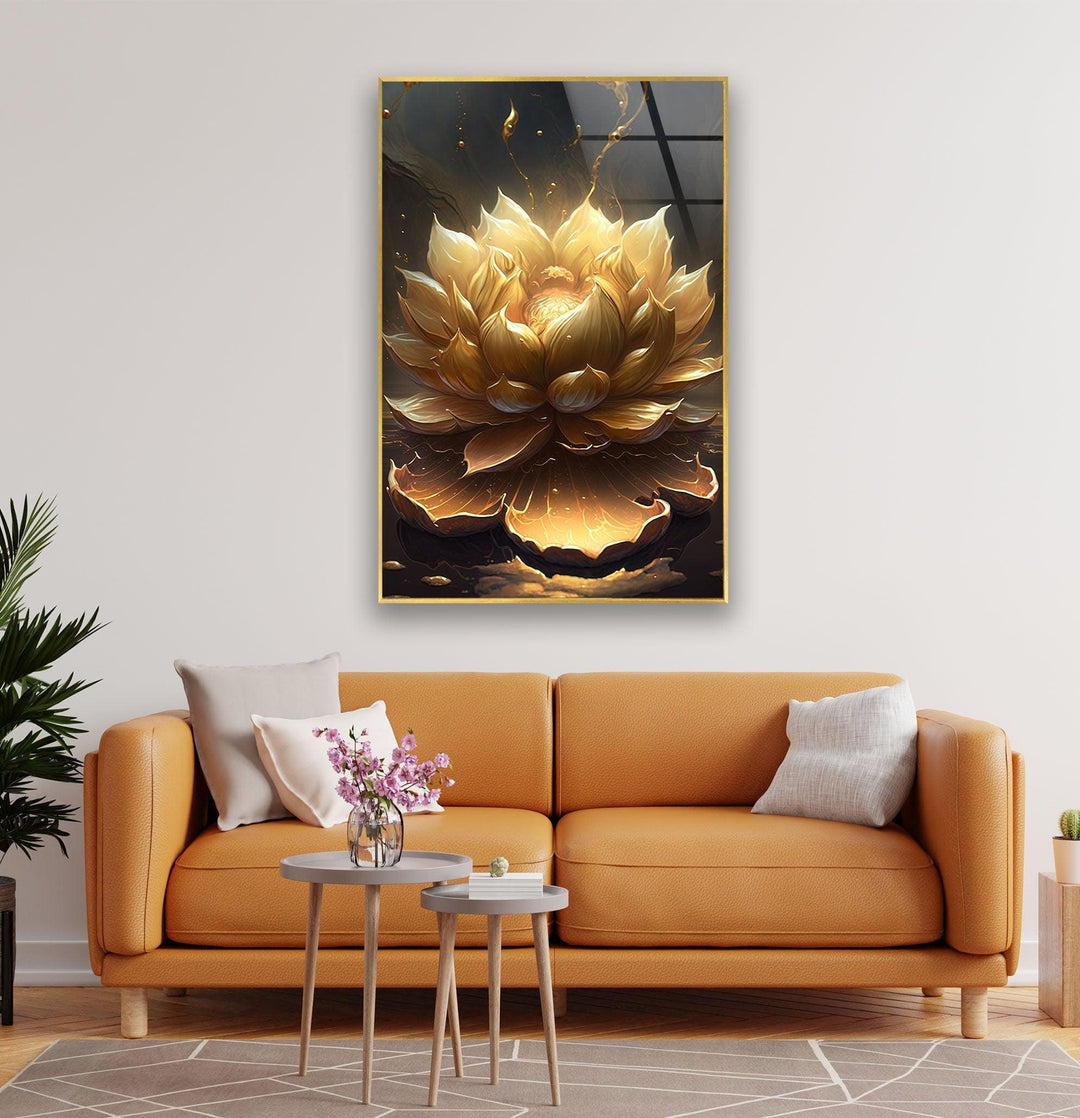 Golden Flower Black Background Glass Wall Art, glass image printing, glass prints from photos