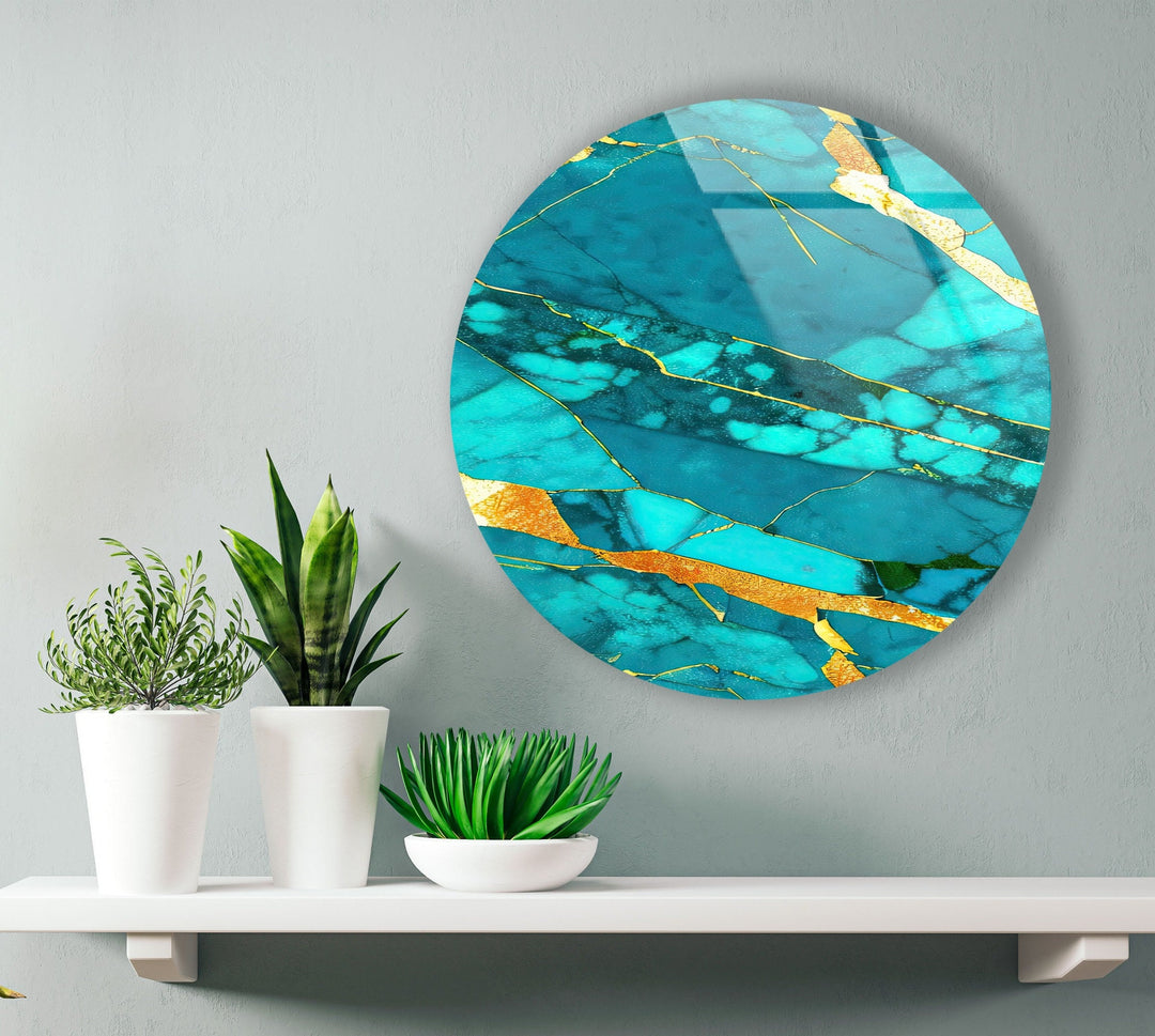 Abstract Round Light Blue & Gold Glass Wall Art art glass wall art, glass wall art pictures
