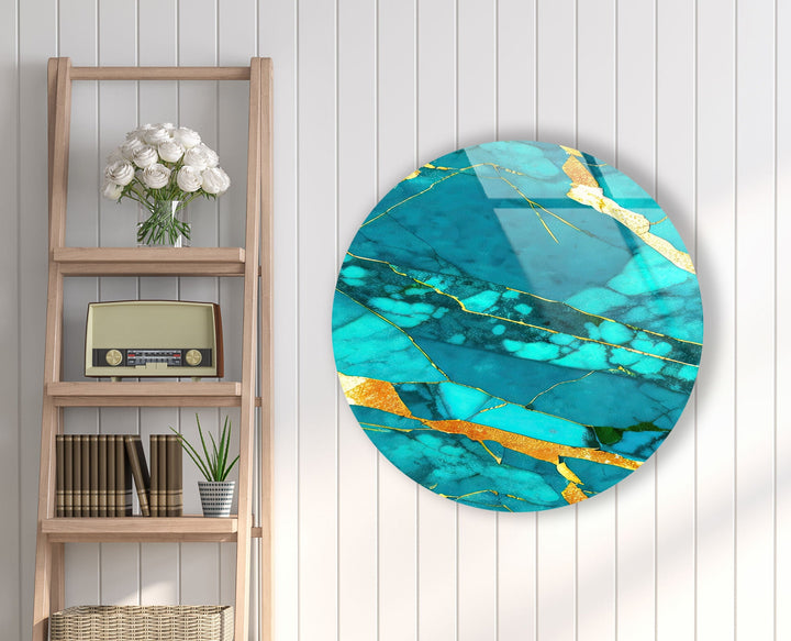 Abstract Round Light Blue & Gold Glass Wall Art Glass Printing Wall Art, Print photos on glass
