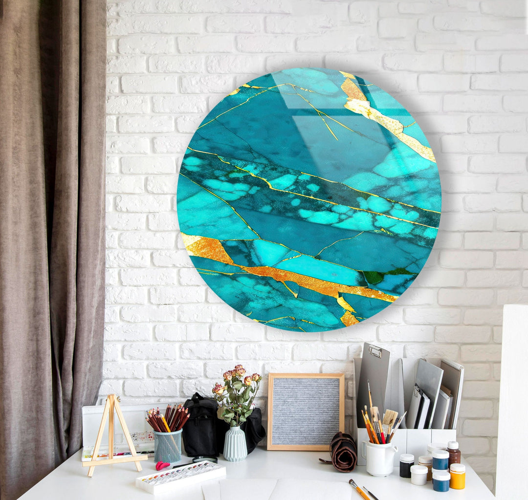 Abstract Round Light Blue & Gold Glass Wall Art glass photo prints, glass picture prints
