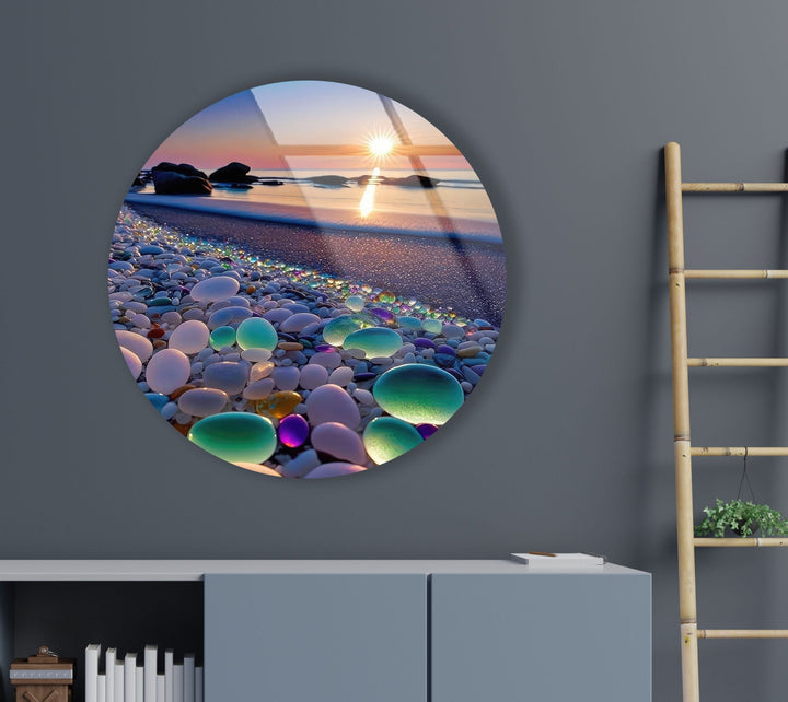 Sunset Stones Round Glass Wall Art print picture on glass, Tempered Glass Wall Art
