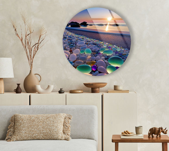 Sunset Stones Round Glass Wall Art print on glass, glass printed photos
