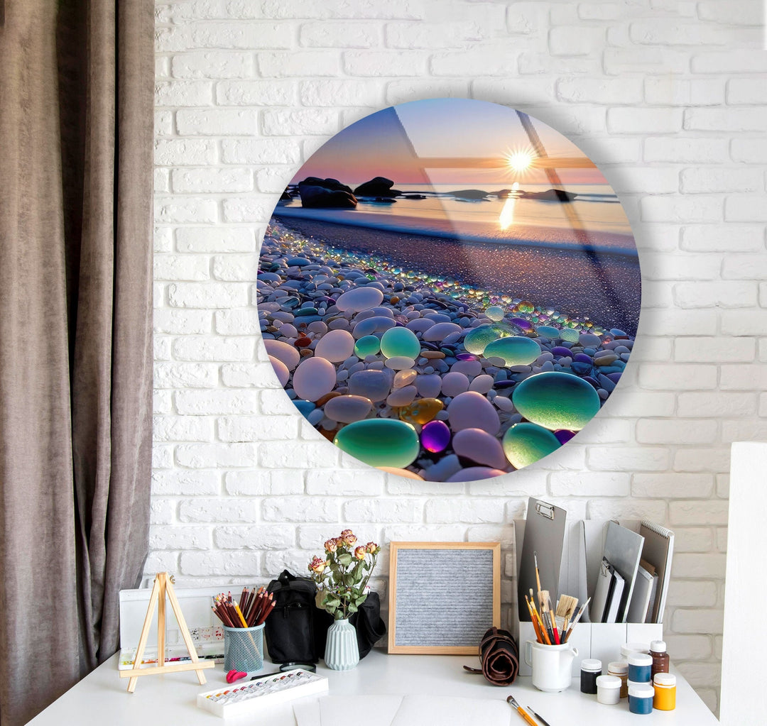 Sunset Stones Round Glass Wall Art large glass photo prints, glass wall photos
