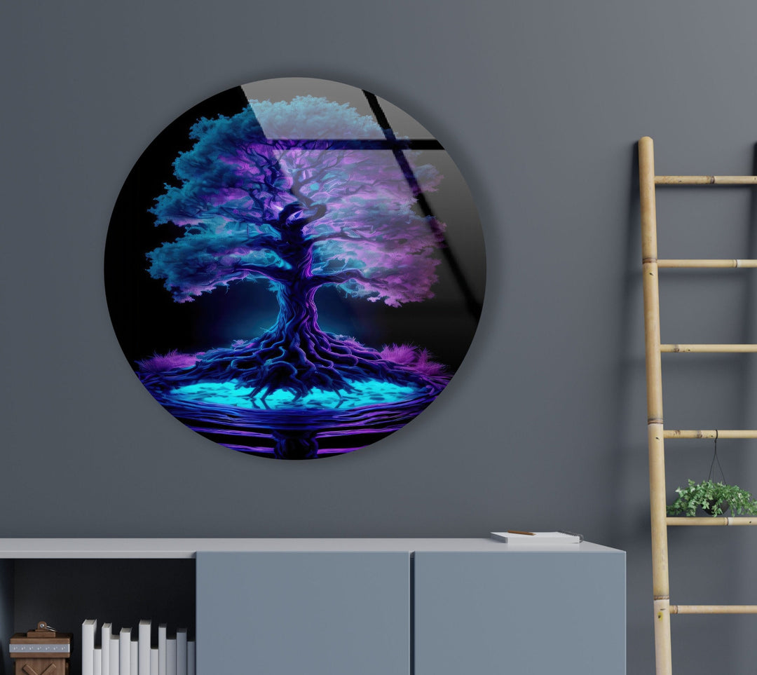 Purple Life of Tree Round Glass Wall Art glass pictures for Wall, glass prints wall art
