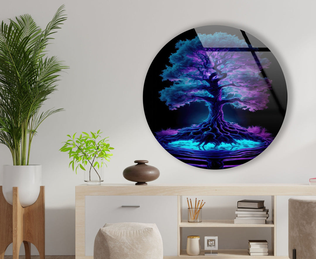 Purple Life of Tree Round Glass Wall Art custom glass pictures, glass art prints
