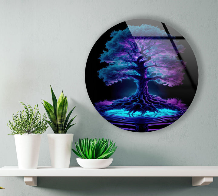 Purple Life of Tree Round Glass Wall Art large glass photo prints, glass wall photos
