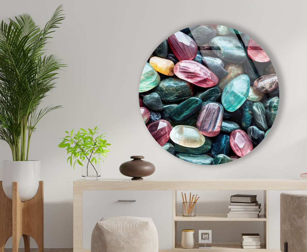 Colored Zen Spa Stones Round Glass Wall Art Glass Printing Wall Art, Print photos on glass
