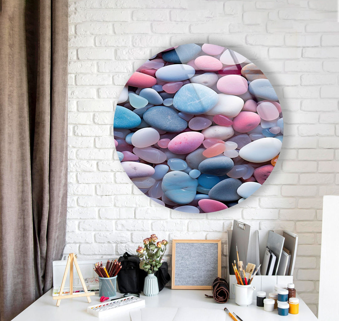 Pink & Blue Zen Spa Stones Round Glass Wall Art photo print on glass, prints on glass wall art
