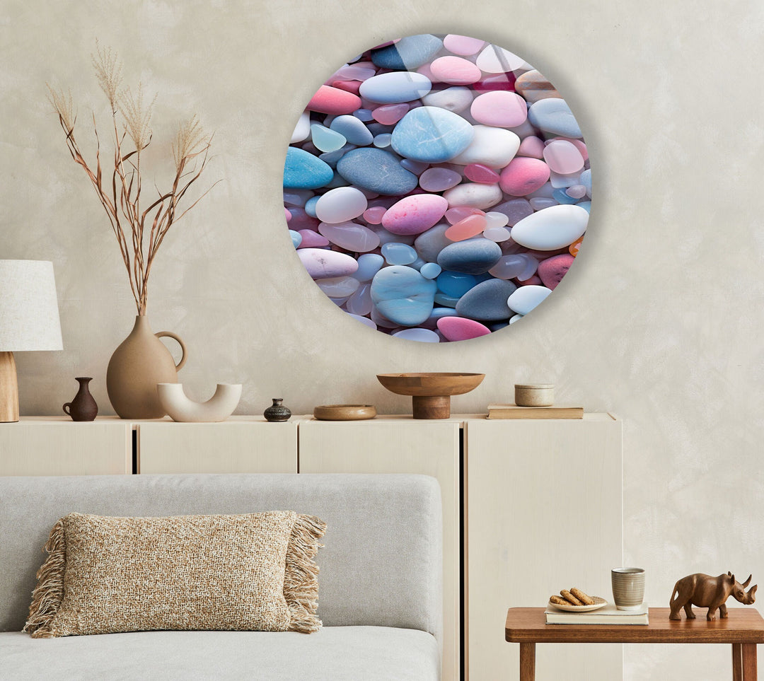 Pink & Blue Zen Spa Stones Round Glass Wall Art print on glass, glass printed photos
