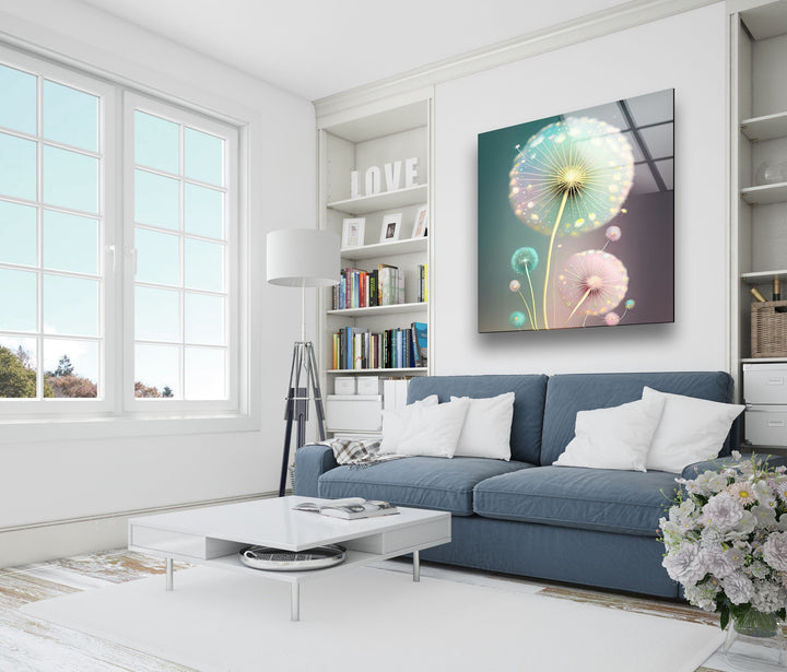 Delicate Pastel Colors Dandelion Glass Wall Art, glass image printing, glass prints from photos