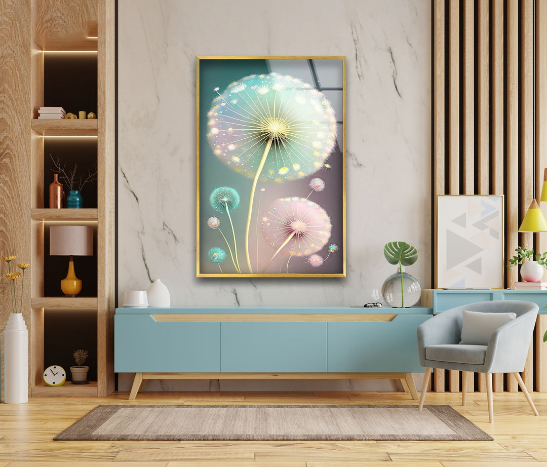 Delicate Pastel Colors Dandelion Glass Wall Art, glass wall decor, glass wall art decor