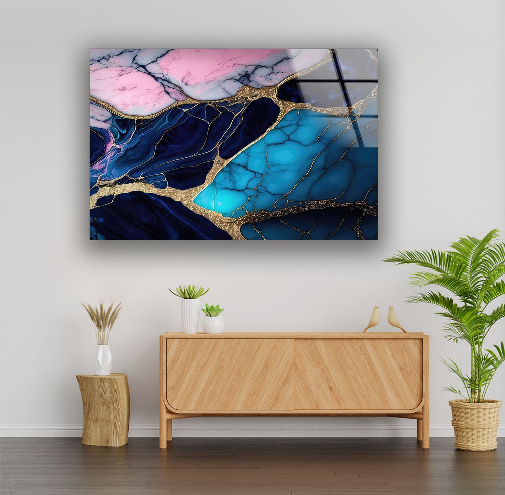 Blue and Pink Marble Texture Glass Art Painting 