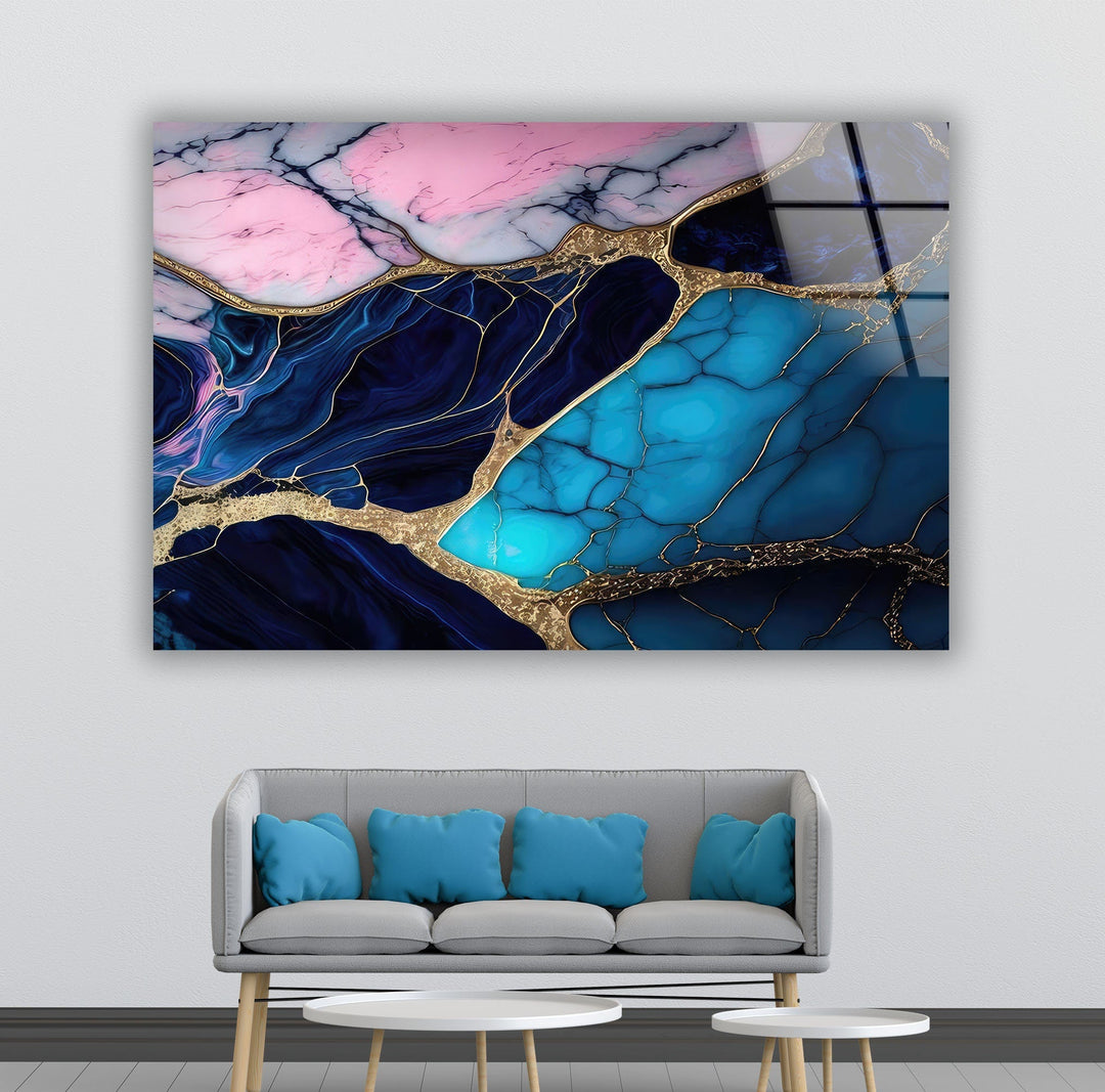 Blue and Pink Marble Tempered Glass Wall Art