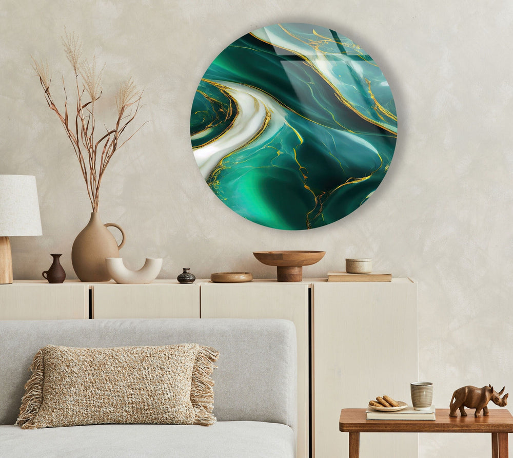 Abstract Round Green & White Glass Wall Art Glass Printing Wall Art, Print photos on glass
