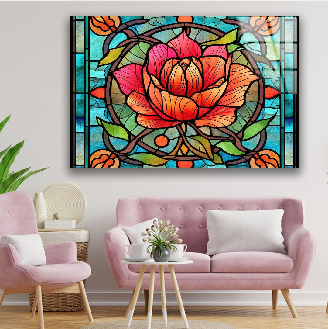 Red Floral Stained Glass Wall Art print picture on glass, Tempered Glass Wall Art