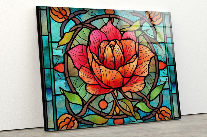 Red Floral Stained Glass Wall Art photo print on glass, prints on glass wall art