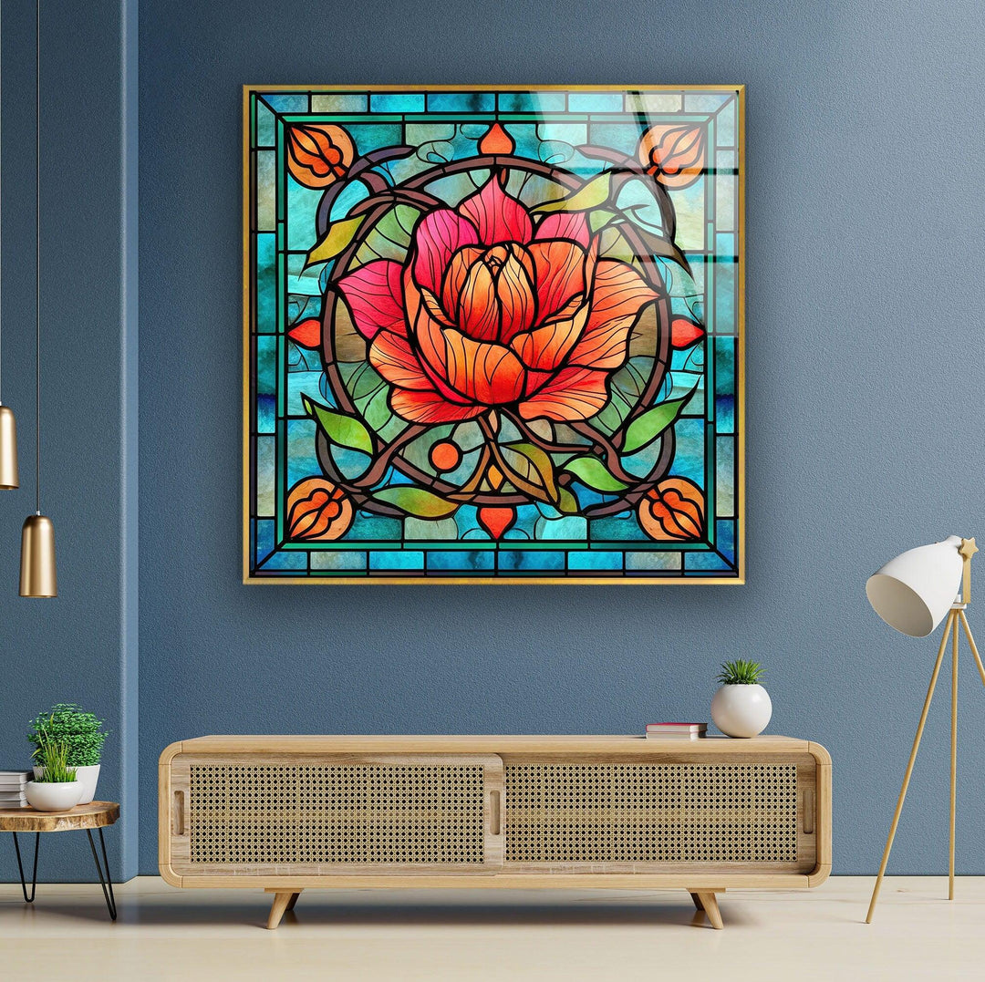 Red Floral Stained Glass Wall Art print on glass, glass printed photos