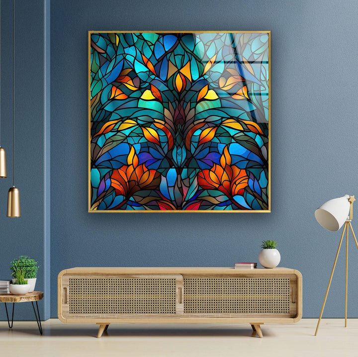 Blue Stained Geometric Glass Wall Art large glass photo prints, glass wall photos