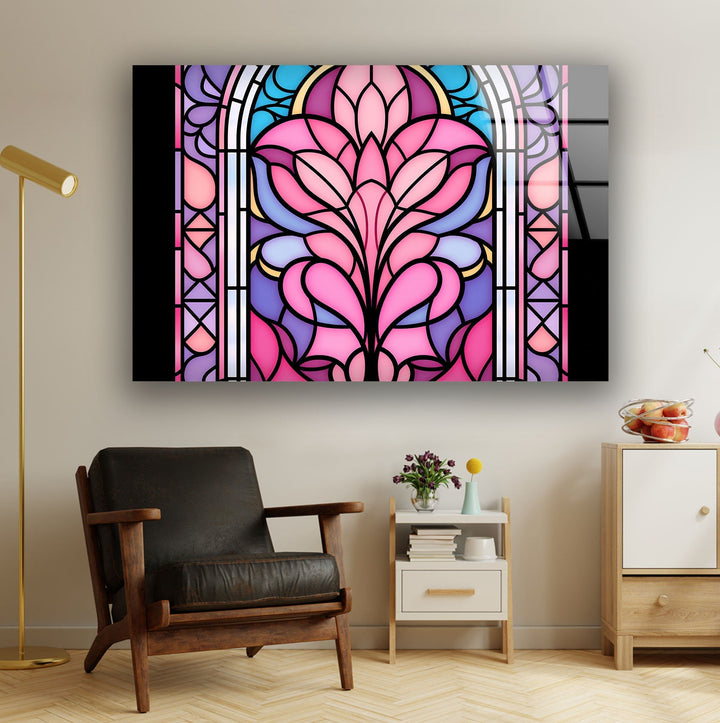 Stained Pink Floral Glass Wall Art print on glass, glass printed photos