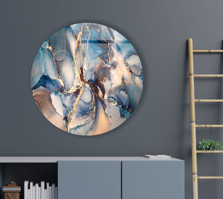 Blue Marble Pattern Round Glass Wall Art glass art painting, glass art for the Wall